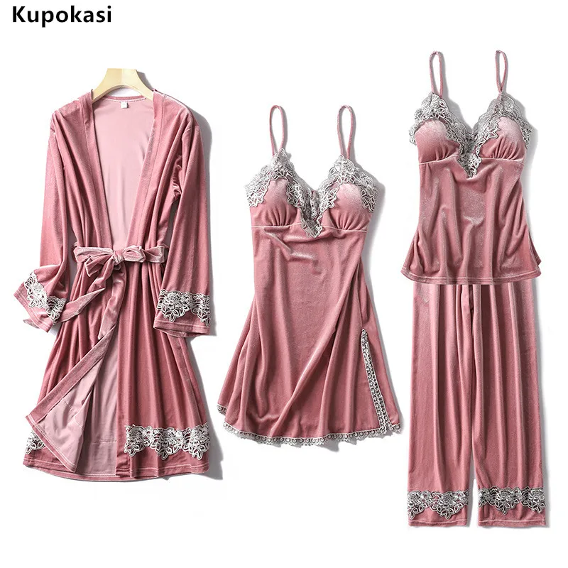 

Kupokasi 4Pcs Pajamas Sets For Women Gold Velvet Warm Winter Pyjama Femme V-Neck Sexy Sleepwear Lingerie Sleeveless Nightwear