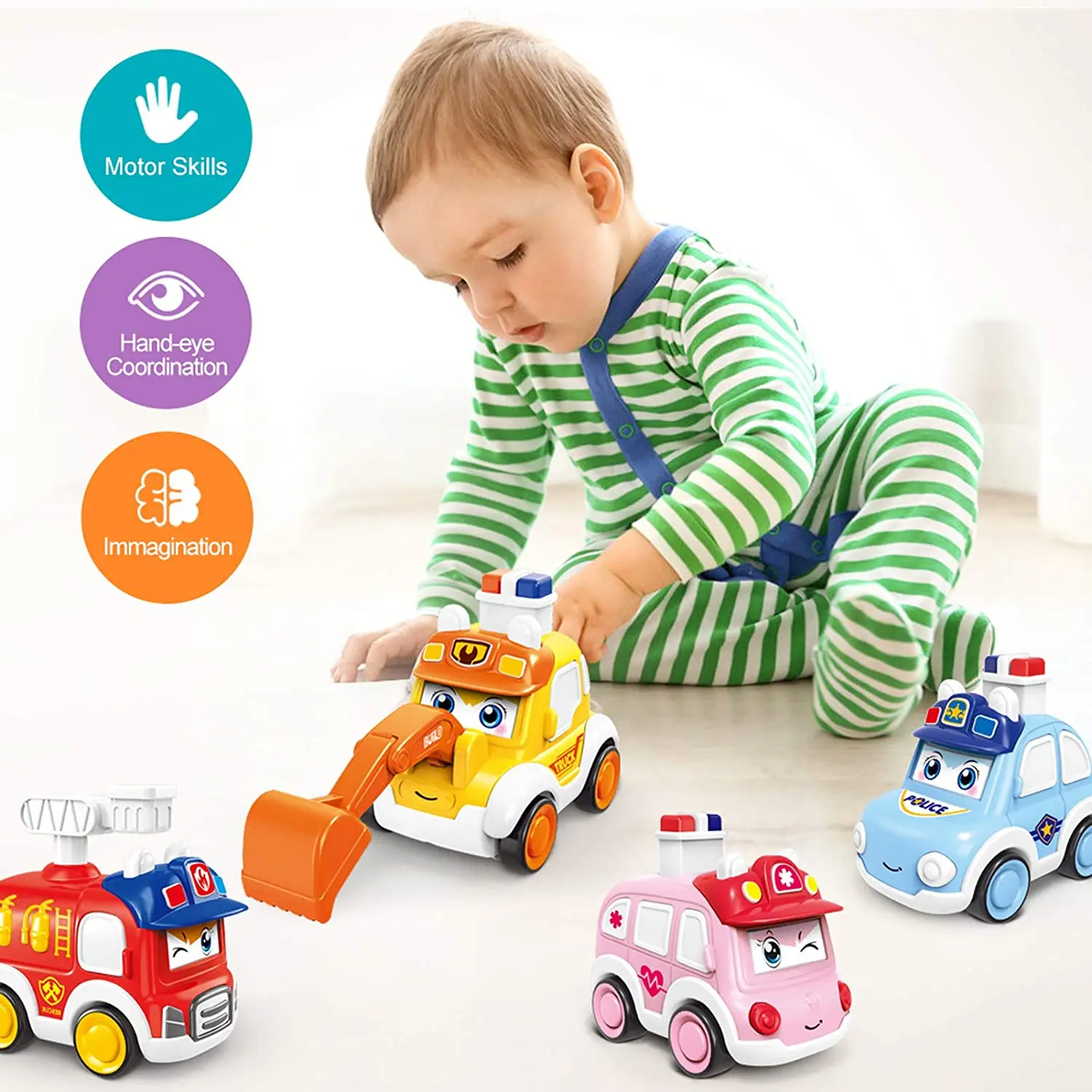 

Baby Cars Toy for 1 Year Old Boy, Toddler Push Go Toy Wind Up Cars 4PCS , Friction Powered Press Vehicles Infant Gift for Kids