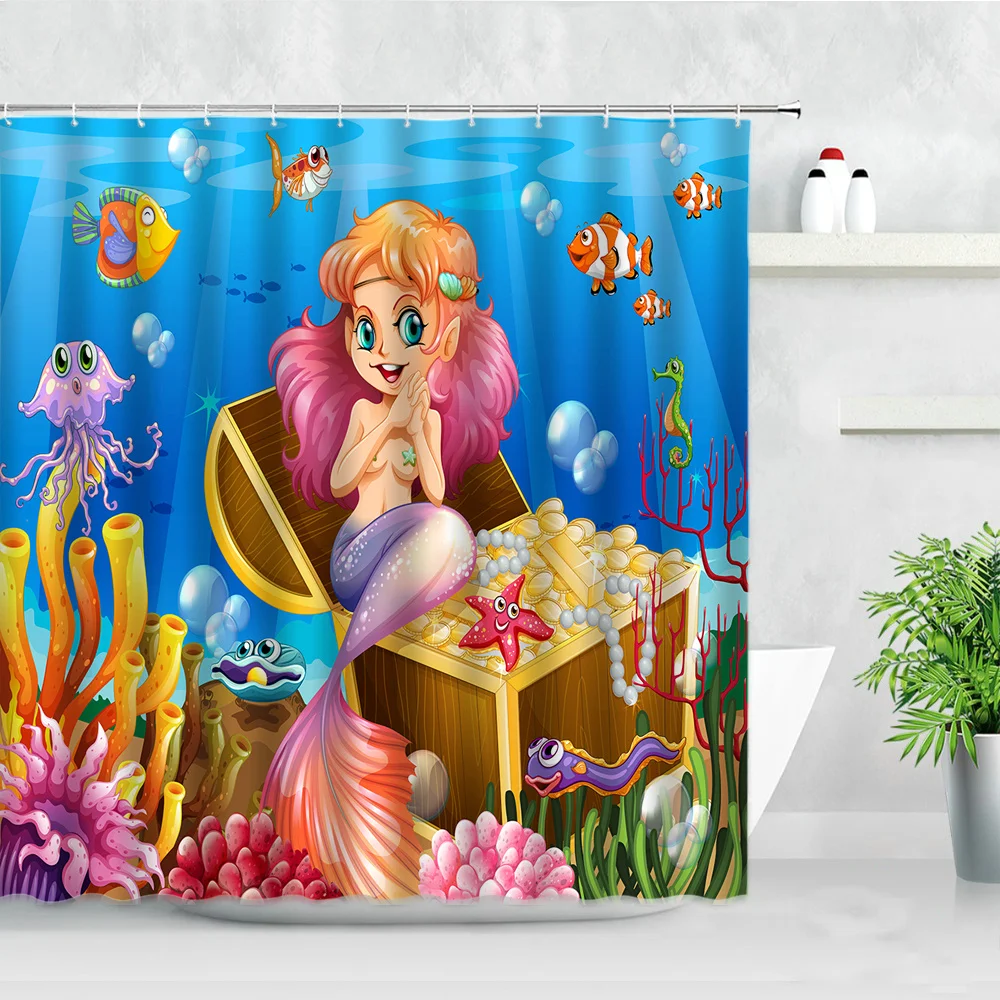

Cartoon Mermaid Shower Curtains Star Ocean Fish 3D Print Modern Home Children Bathroom Decor Screens Waterproof Bath Curtain Set