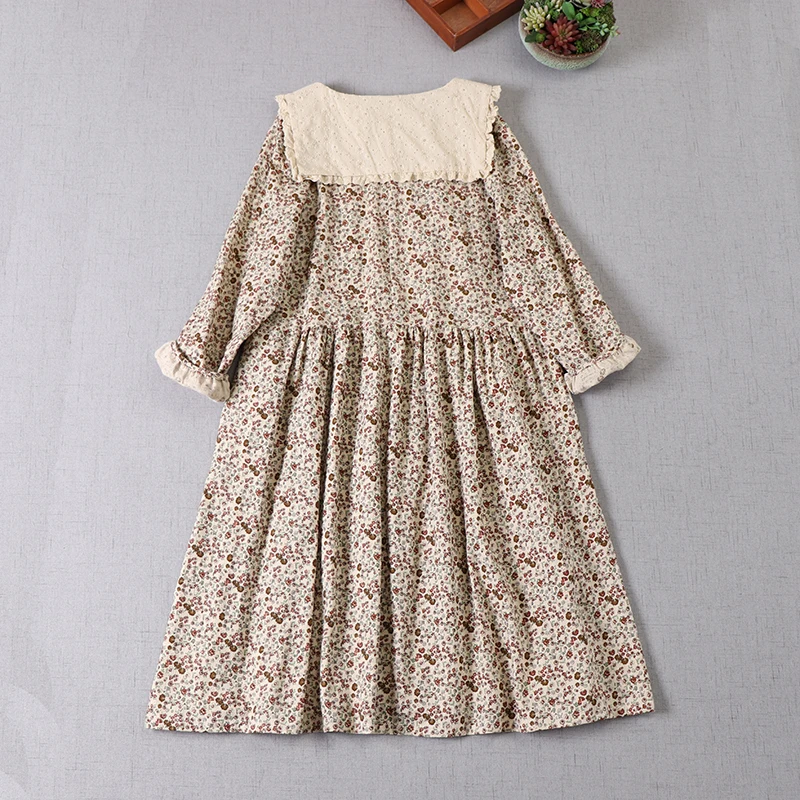 

Spring New Women'S Clothing Art Small Fresh Long-Sleeved Cotton Linen Loose Long Skirt Floral Dress Sweet