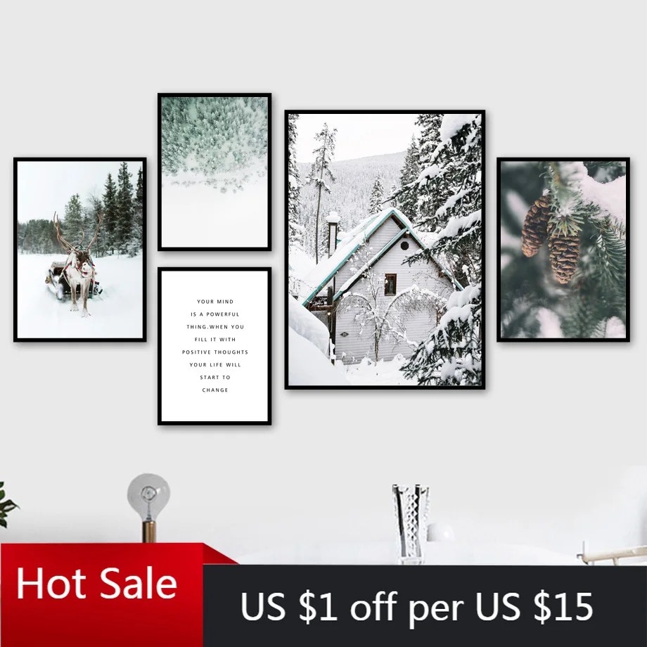 Олень сосна лес снег сенция зимняя настенная Картина на холсте скандинавские