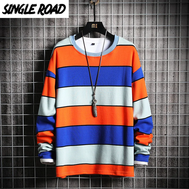 Мужская толстовка с круглым вырезом в полоску 2020 Японская уличная одежда Harajuku