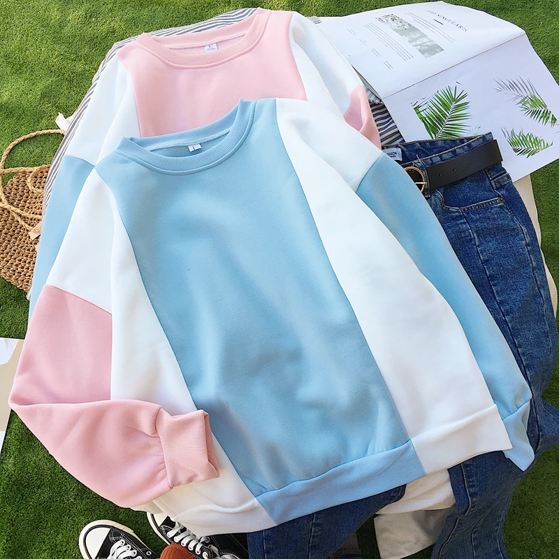 

Hoodies Sweatshirt Women Harajuku Funny Fleece Hit Color Splicing Tops