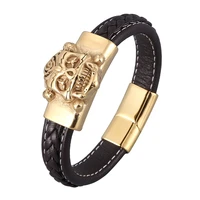 fashion brown braided leather rope bracelet men punk jewelry gold stainless steel skull magnetic buckle bangles male gift pd0900