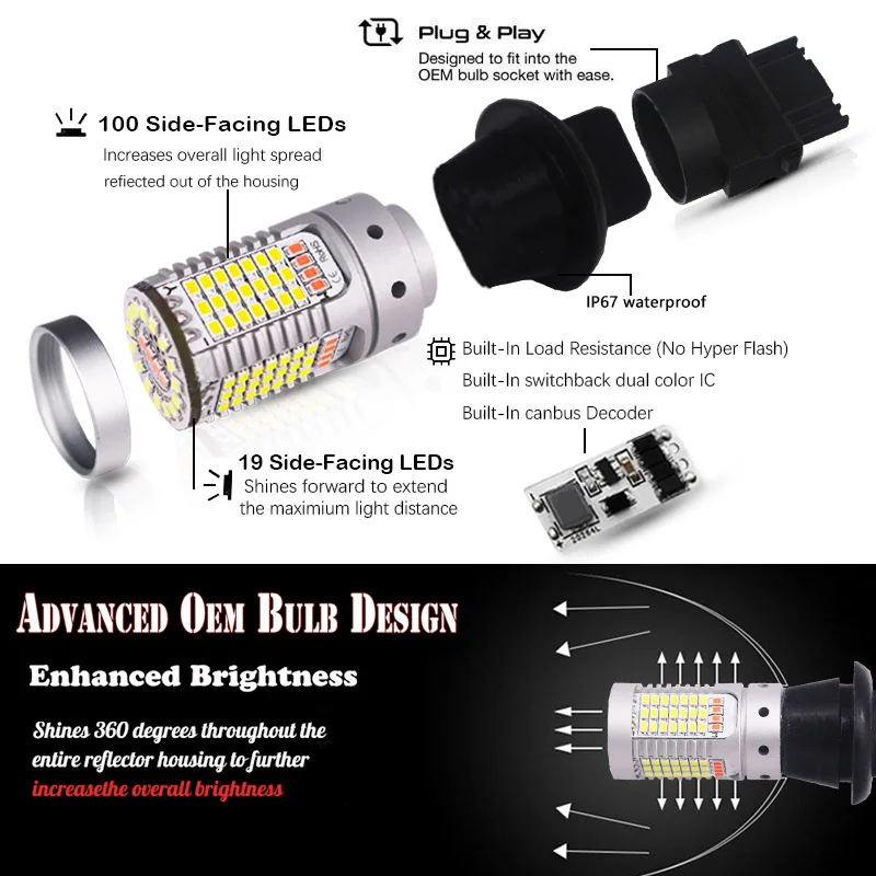 Без Hyper Flash Canbus T25 3156 PY27W двойной цвет красный/Ксеноновые белые светодиодные лампы