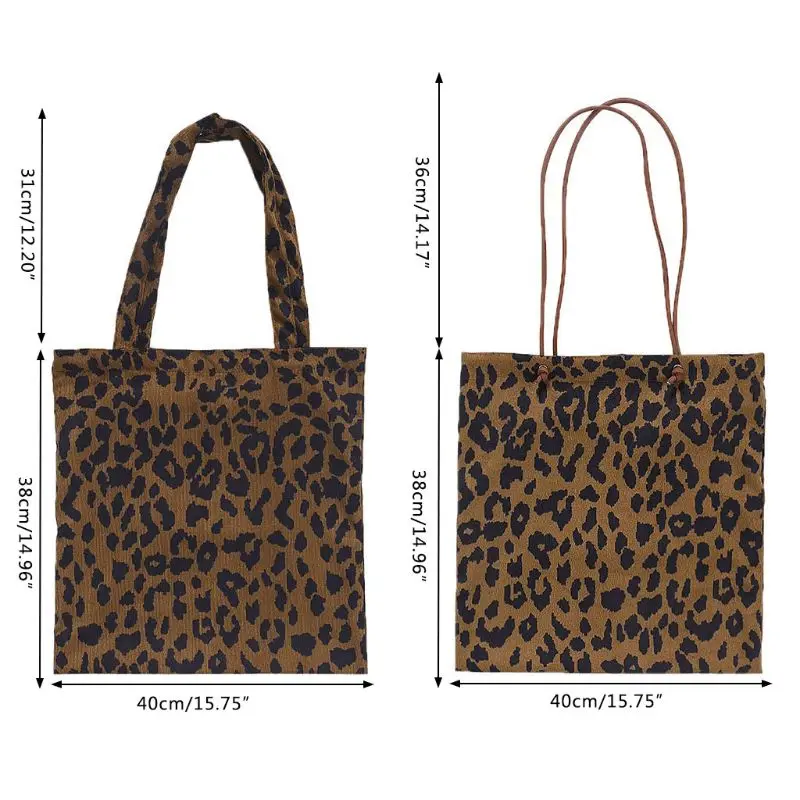 

Corduroy Shopping Bag Reusable Tote Handbag Leopard Pattern Shoulder Bags Shoppers