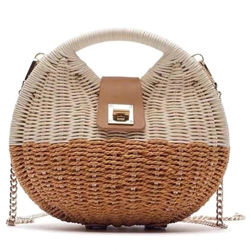 

Hit Color Rattan Woven Bag Shell-Shaped Summer Beach Round Straw Woven Tote Chains Purses And Handbags