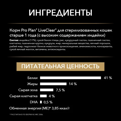 Сухой корм Pro Plan LiveClear для стерилизованных кошек индейка 2 8 кг | Дом и сад