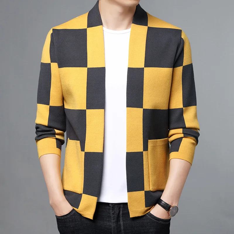 

Тонкая Повседневная куртка в клетку, мужской весенне-осенний легкий свитер, Модный облегающий кардиган