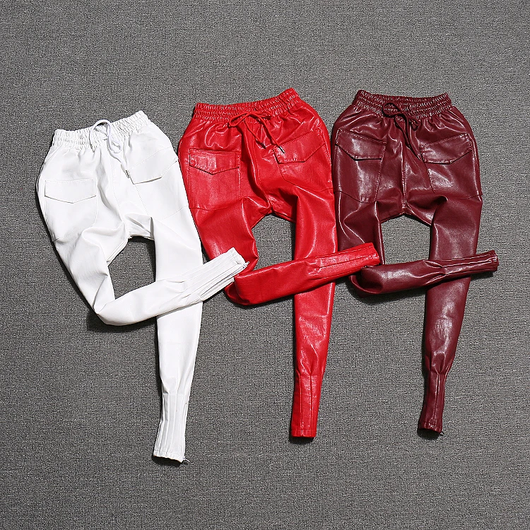 Женские повседневные брюки из ПУ кожи свободные с эластичным поясом весна осень