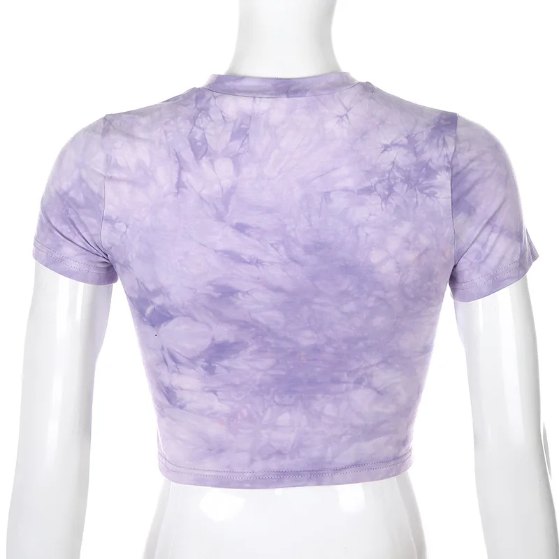 

Women T-shirt Crop Tops Y2K Tie Dye Anime Cat Print Kawaii Tees Bottoming Thin Hair Tight Slim High Street Sexy Purple