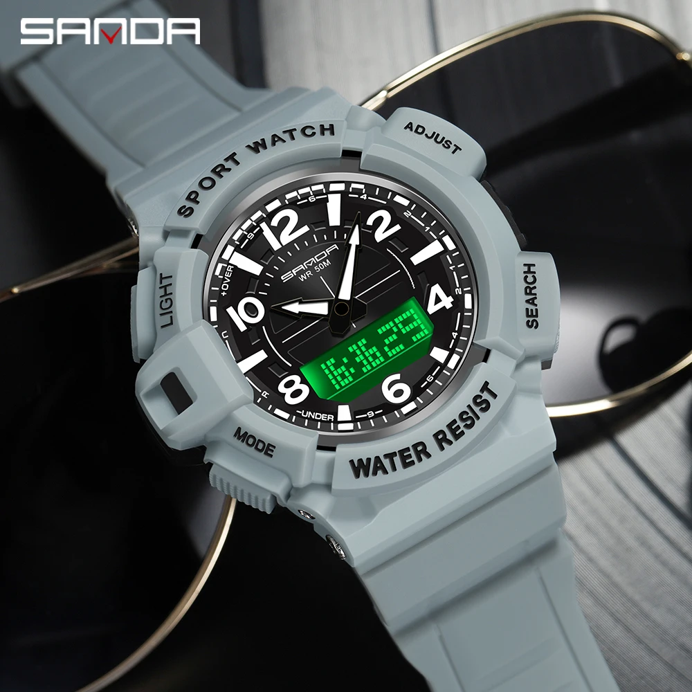 

Часы наручные SANDA мужские электронные, модные водонепроницаемые брендовые ударопрочные со светодиодсветильник кой, с двойным временем