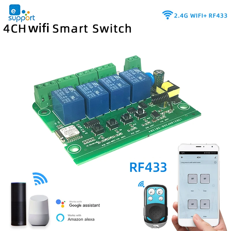 

4 Channel WIFI eWeLink Smart Switch Module,1CH 4CH Pulse Relay,DC 12V 24V 32V 110V 220V,Self-locking,Interlocking,RF433 Remote