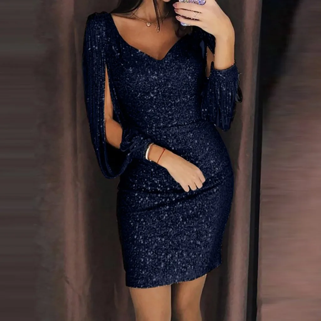 Fashion Women Sexy Solid Sequined Stitching Shining Club Bodycon Party Dress Elegant Long Sleeve Mini Plus Size Vestidos | Женская