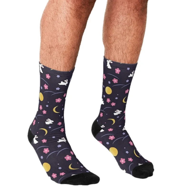 

2021 Funny Men's socks Moon Cartoons Rabbits Pattern Printed hip hop Men Happy Socks cute boys street style Crazy Socks for men