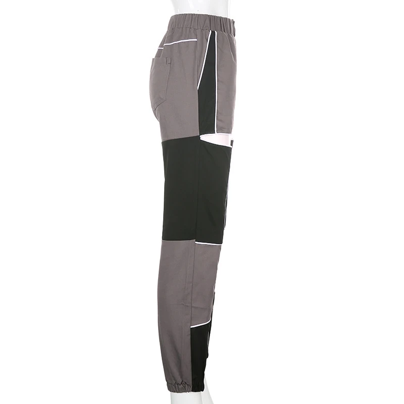 

Two Color Patchwork Hip Hop Harem Pants Women Hollow Out Gothic Streetwear Cargo Pants Elastic High Waist Patchawork Trousers