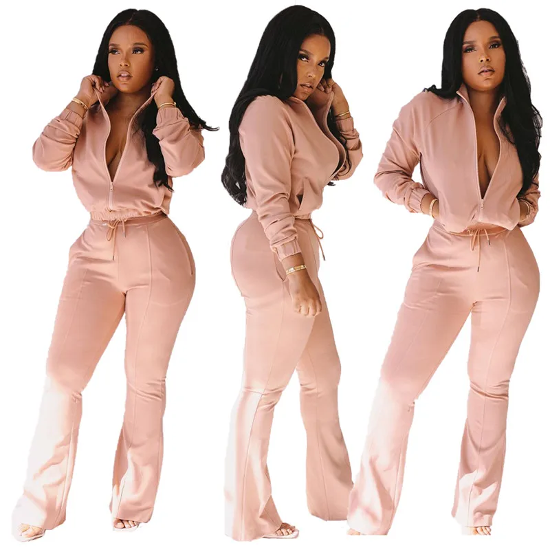 

Women Zipper Long Sleeves Short Coat + Long Pants 2pcs Clothing Sets Autumn Spring Female Pure Color Tracksuit Ladies Sportswear