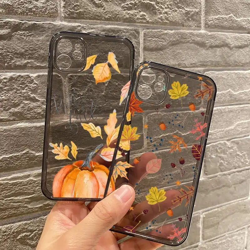 

Pumpkin happy autumn fall leaves Phone Case For iPhone 12 11 8 7 se 2020 mini pro X XS XR MAX Plus Black Transparent Cover