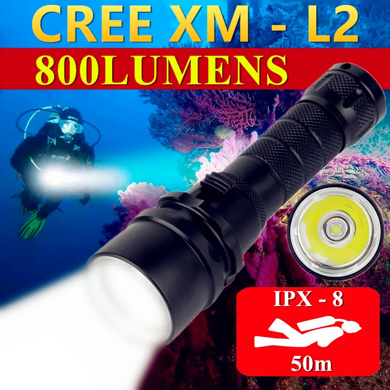 

CREE XM-L2 Ultra Bright LED Diving Flashlight IPX-8 Waterproof Underwater 50m Professional Dive Fill Lights