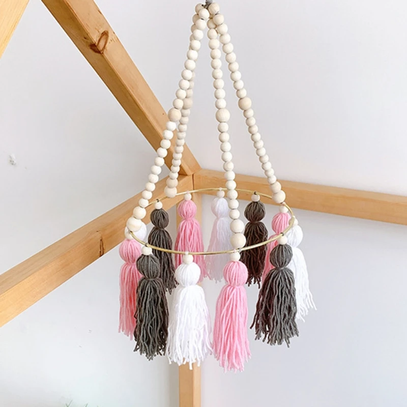 

Baby Crib Wooden Beads Tassel Kids Room Hanging Decoration Wind Chimes Photography Props Bed Bell Mobile Rattle G99C