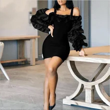 Long Sleeve Wrap Hip Party Dresses Pencil Mini Dress Female Black Falbala Robe Autumn Winter Exposed Shoulders Vestido (1)