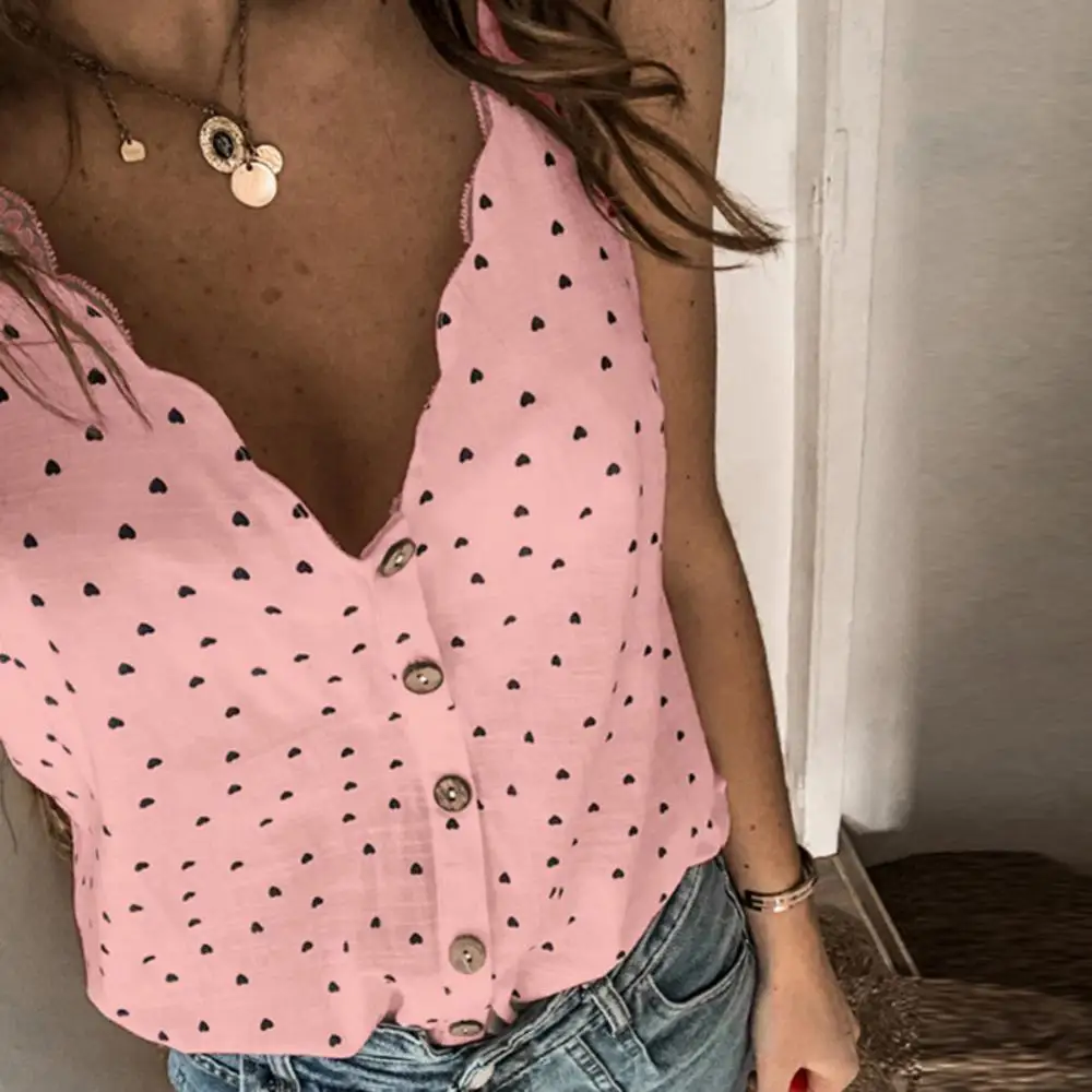 

40%HOT Women Casual V Neck Sleeveless Heart Print Buttons Camisole Blouse Bottoming Top