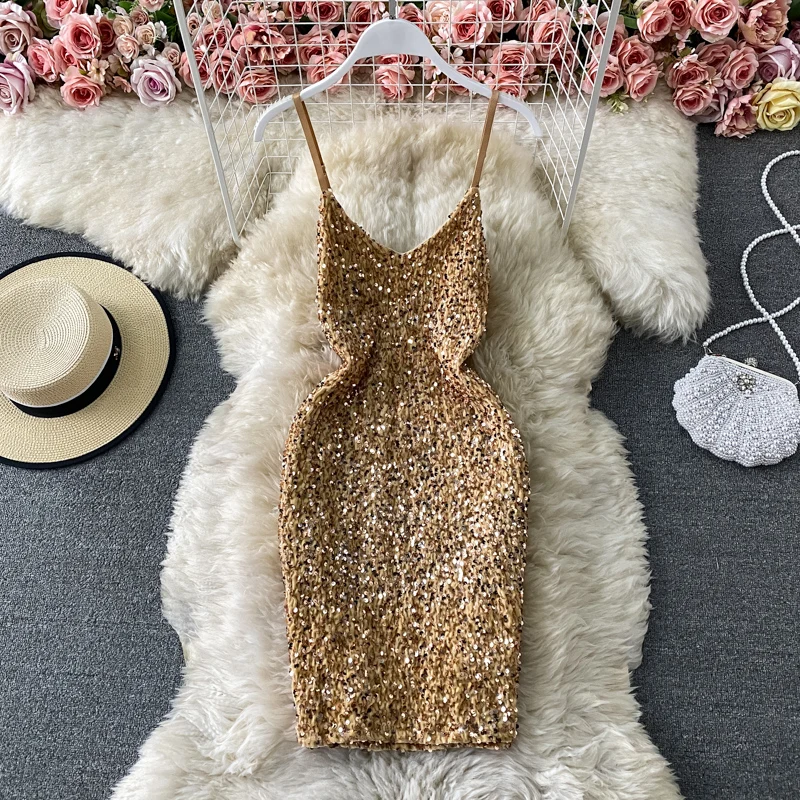 

Sexy Club Sequined Spaghetti Strap Dress Summer Women V Neck Backless Bodycon Dress Ladies Sleeveless Mini Short Party Dresses