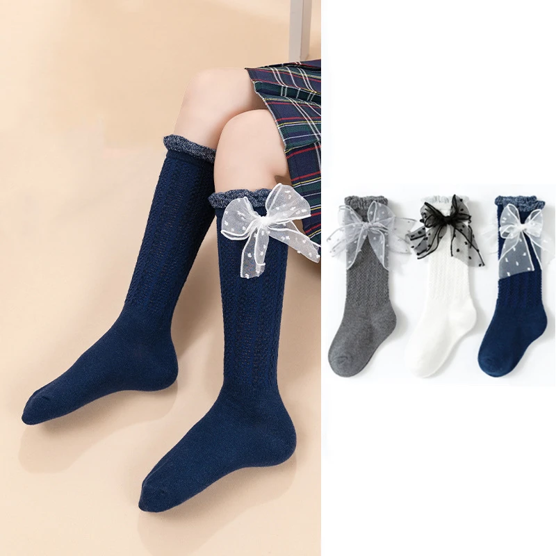 

Solid Children Socks with Lace Bows Cotton Baby Girls Socks Soft Toddlers Long Socks for Kids Princess Knee High Socks for Girls