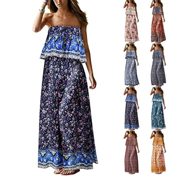 Fashion Women Sexy Strapless Dress Casual Beach Bohemian Floral Print Holiday Dress Summer Sleeveless Maxi Vestidos Long Dress 1
