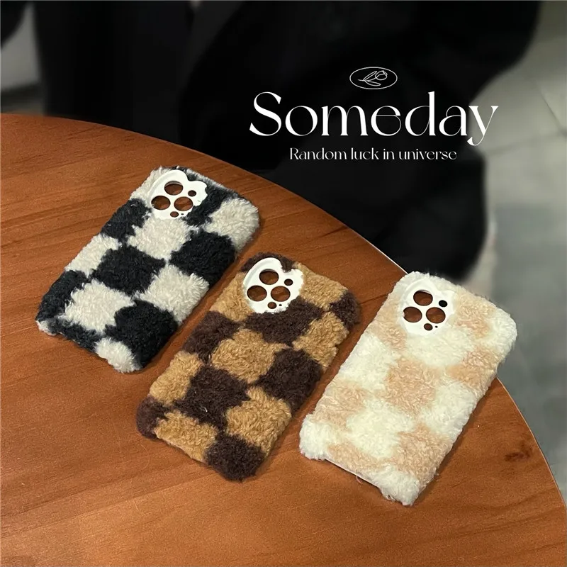 

Cute Love Heart Lens Warm Plush Phone case For iphone 13 12 11 Pro XS Max 7 8plus XR X grid Furry fluffy Fur gift cover