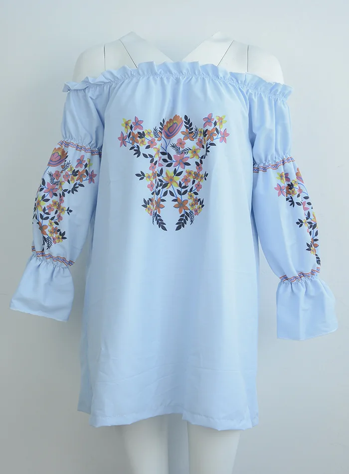 

Costume Spring and Summer Off Shoulder Neckline Embroidery Floral Mini Dresses New Style Flare Sleeve Slash Neck Female Dresses