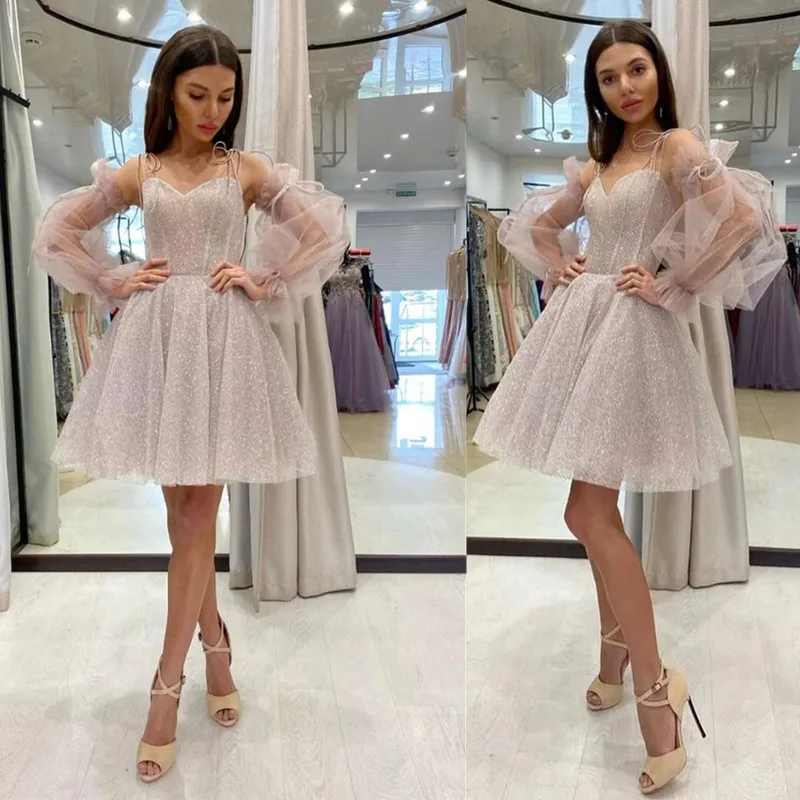

Gorgeous Champagne Sparkles Prom Dresses 2023 Short Homcoming Dress Zipper Long Puffy Sleeves Party Dress Robe De Soiree