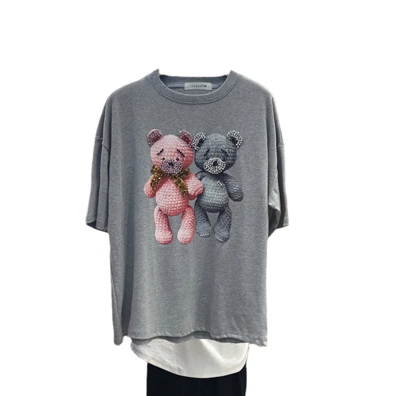 

Printed Bear Spring/Summer New Korean Style Loose Round Neck Pullover Mid-length Short Sleeve Oversized T-shirt Women 2021