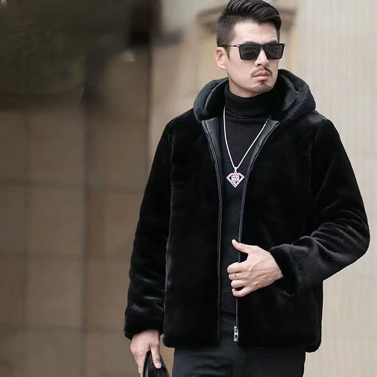 Mink coat men's short mink coat imported imitation mink fur casual hooded men's whole mink fur winter clothes