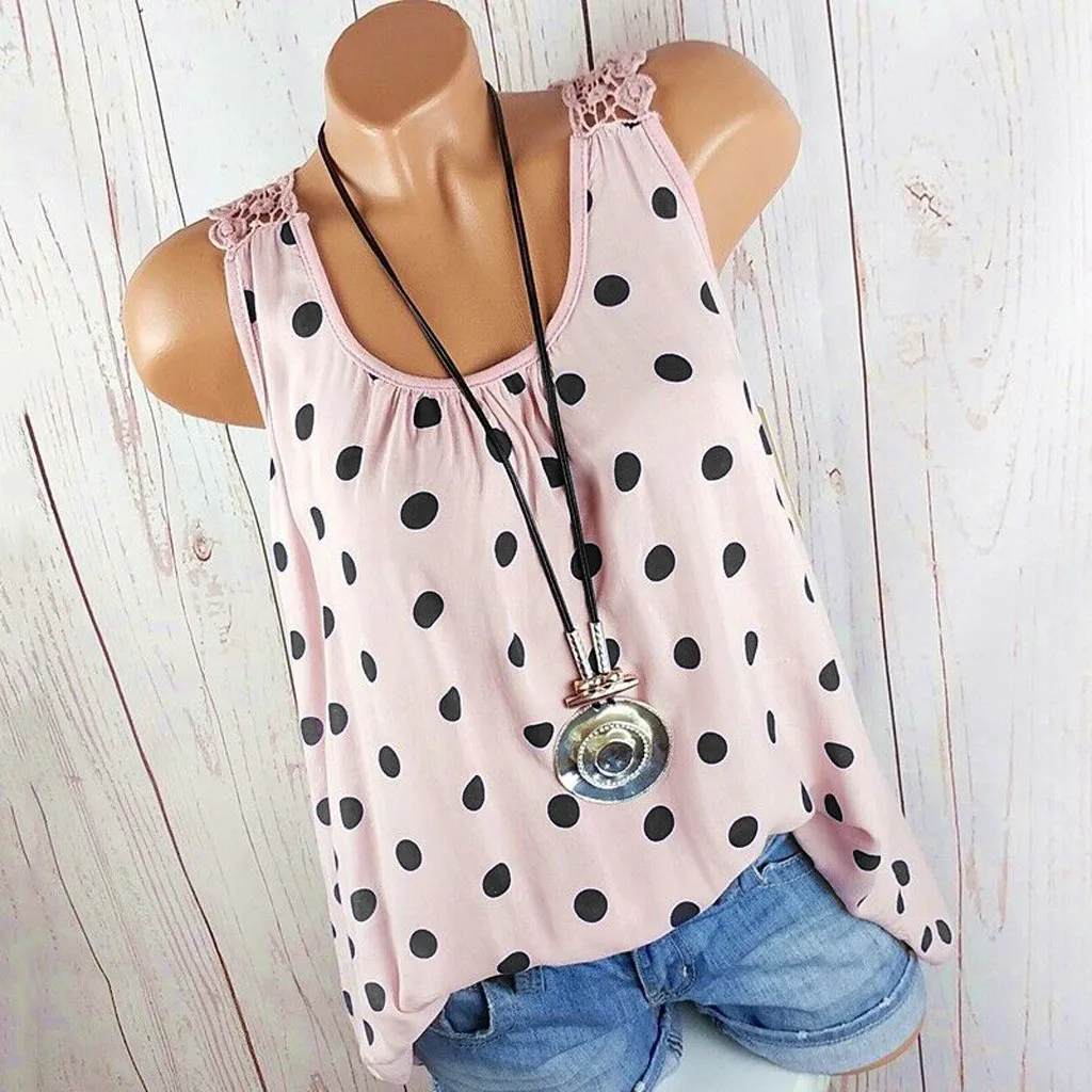 2019 летние женские модные повседневные кружевные топы в горошек без рукавов с