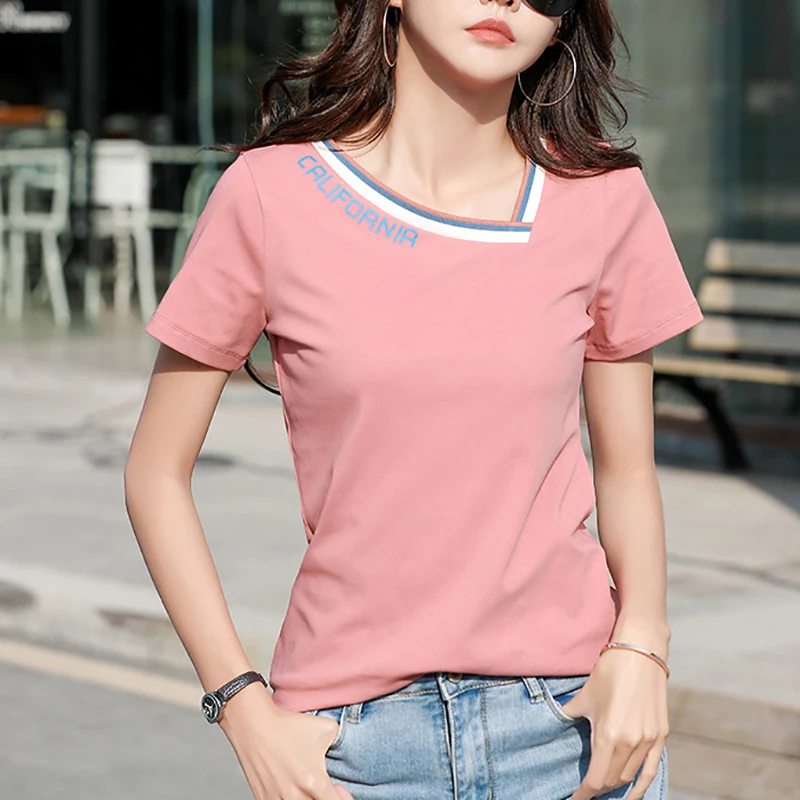 

New Skew V-Neck Letter Print T Shirt Women Cotton 2020 Woman Clothes T-Shirt Female Tops Ladies Summer T Shirts Tee Shirt Femme