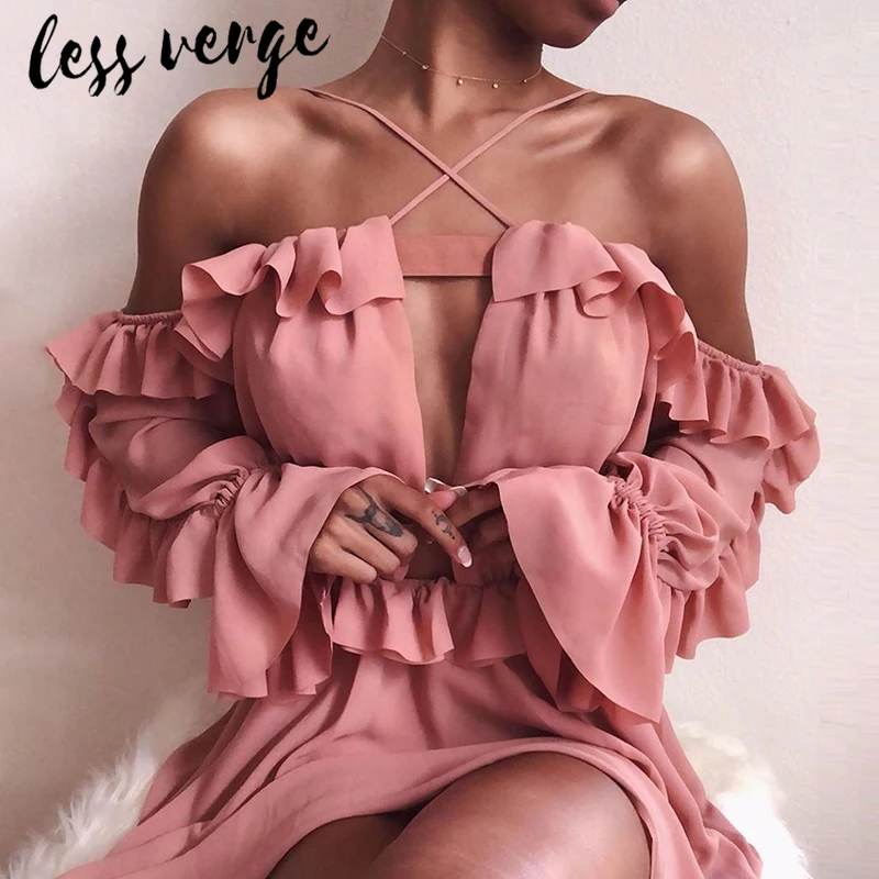 Lessverge элегантное шифоновое платье с рюшами розового цвета для женщин открытой