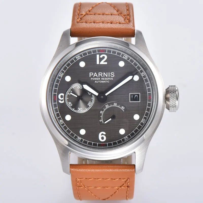 

Parnis 46mm top brand mechanical watch gray dial power reserve date show 2530 Automatic Movement Men watches