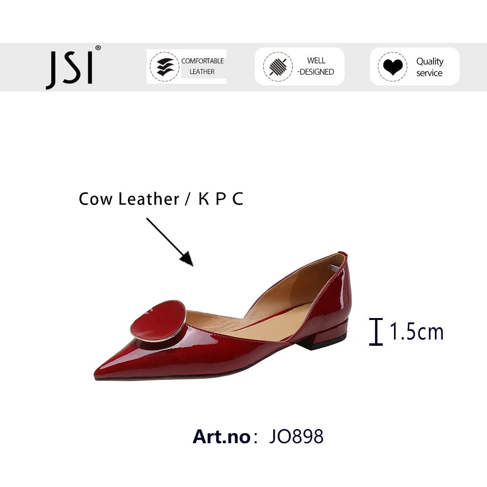 

JSI Flat Woman Genuine Leather Shallow Hollow Out V-shape Metal Circle Pattern Low Square Heek Flat Office Lady Shoes JO898