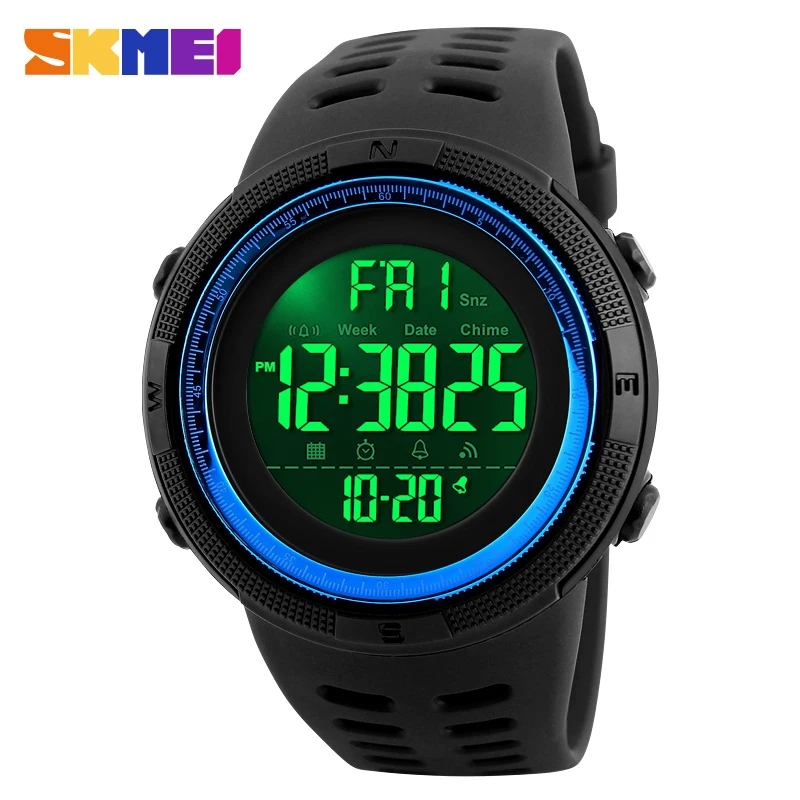 Black Blue SKMEI 1251, мужские спортивные часы, двойное время, мужские многофункциональные часы, будильник, Chrono, 5 бар, водонепроницаемые цифровые часы, reloj hombre - Цвет: Black Blue
