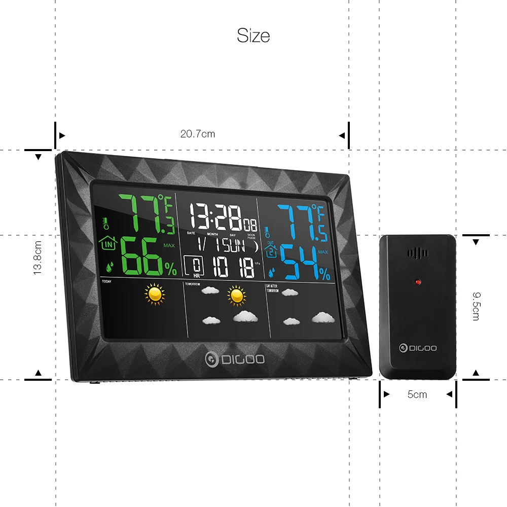 DIGOO DG-8270A, для помещений и улицы, Метеостанция+ 100 м, датчик погоды, термометр, гигрометр, метр, календарь, 3 канала, подсветка