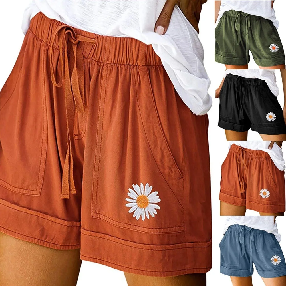 

Летние женские свободные шорты с высокой талией, черные и зеленые повседневные шорты с цветочной вышивкой