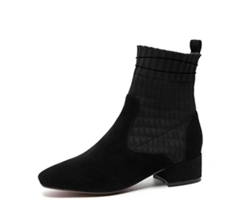 square toe black Женские ботинки; ботильоны из флока с острым носком; зимние ботинки на квадратном каблуке; женские Ботинки martin без застежки; модель года; Цвет черный, розовый - Цвет: square toe black