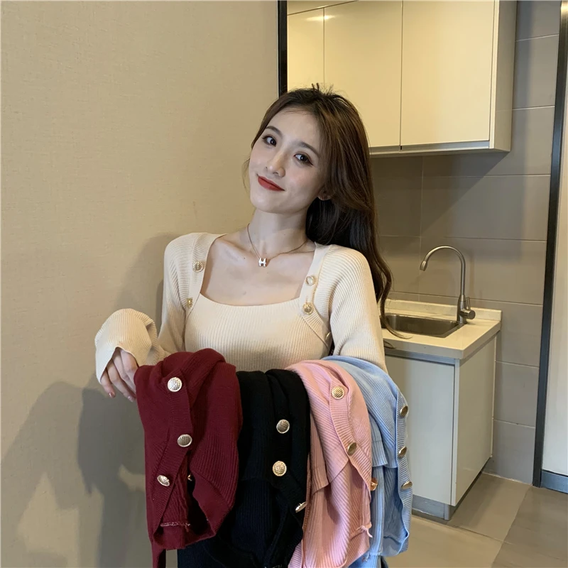 

Sexy Sweater Women 2021 Spring and Autumn Retro Button Sweater Bottoming Shirt Long-sleeved Core Yarn Pullover Sweater
