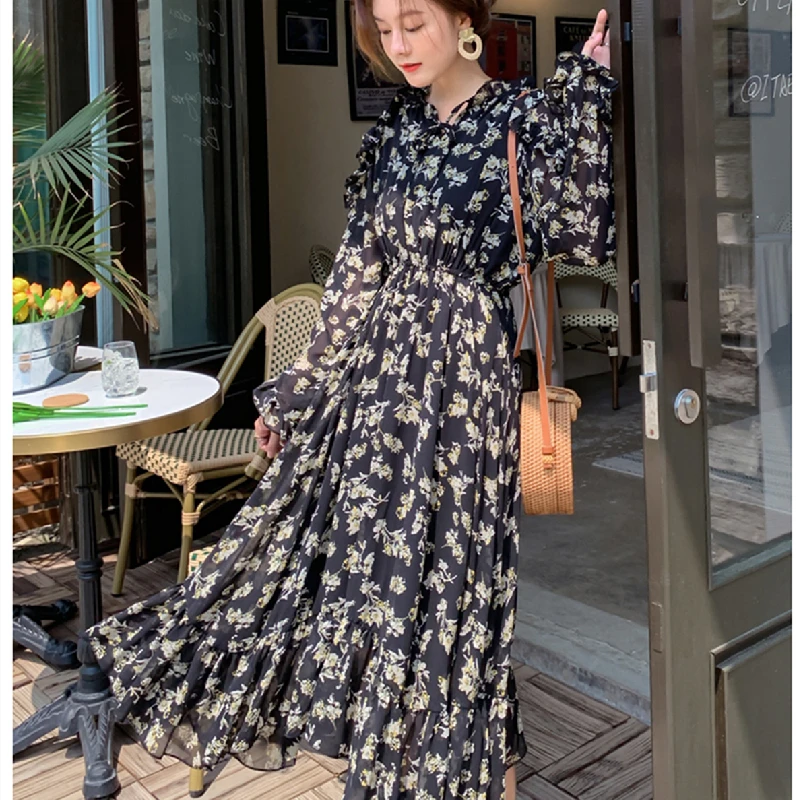 

Женское шифоновое вечернее платье в стиле бохо, элегантное черное винтажное Повседневное платье для отпуска в Корейском стиле, весна-лето