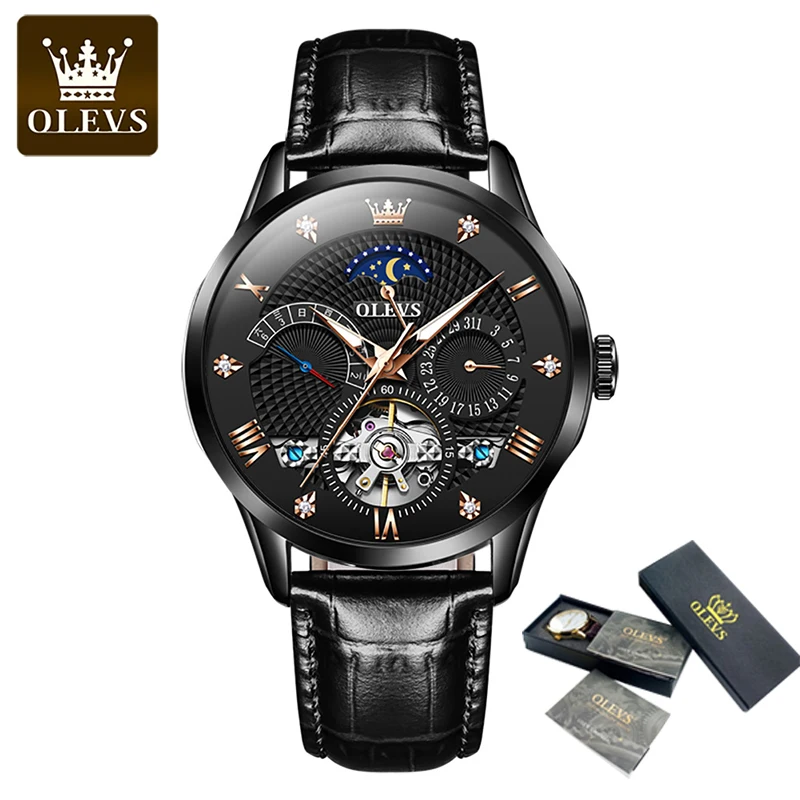 

OLEVS New Black Hollow Automatic Mechanical Watch Men's Fashion Brown Leather Strap Luminous Pointer Waterproof Men's Watch