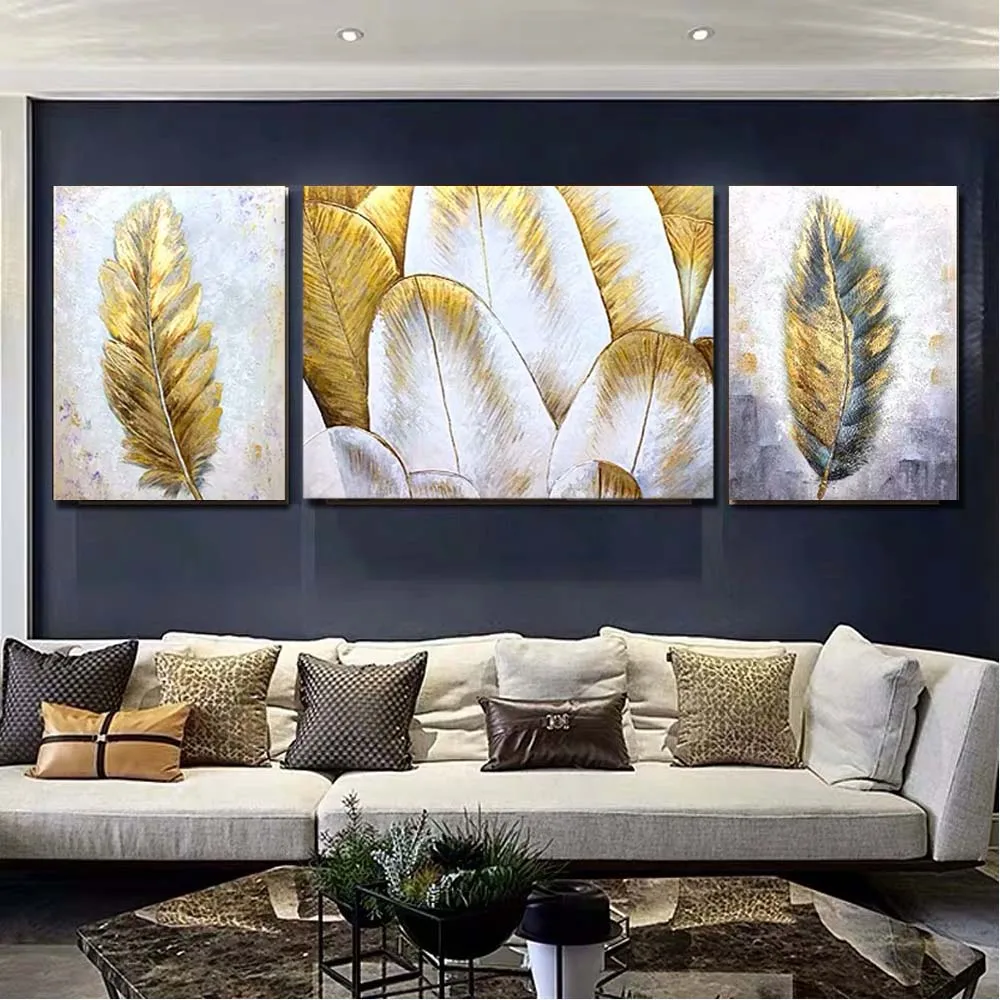 

Hand Painted Abstract Golden Foil Art Modern Feather Picture Oil Painting Art Canvas Living Room Home Decoration Drop Shipping