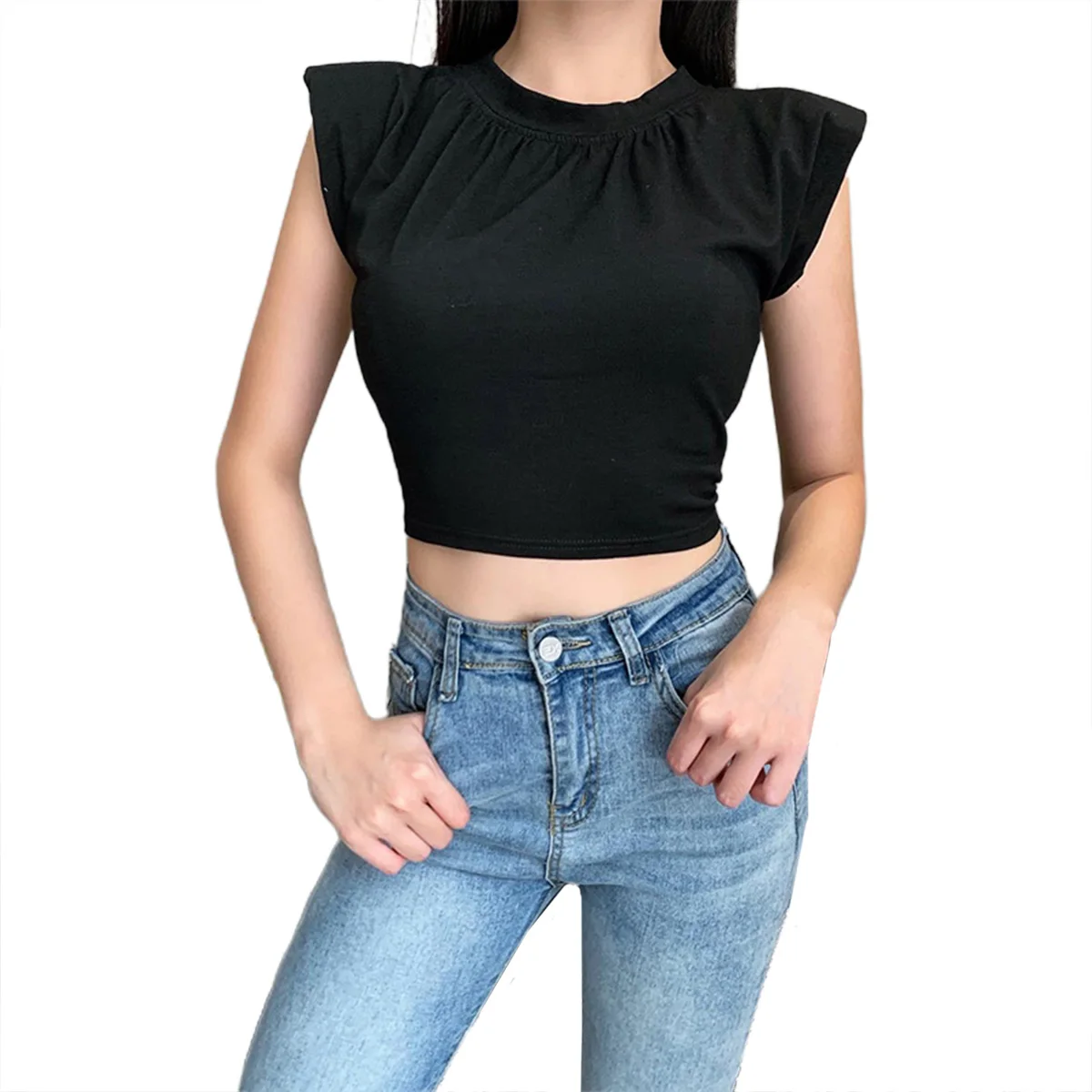 Женские короткие футболки с круглым вырезом и рукавами крылышками короткая