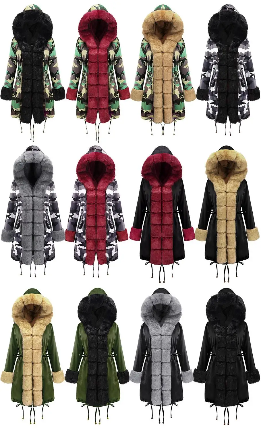 

fur jacket Women's Camouflage Parka Jacket thick Warm Long Hooded Coat Solid color Winter Plush fur Collars overcoat 2021