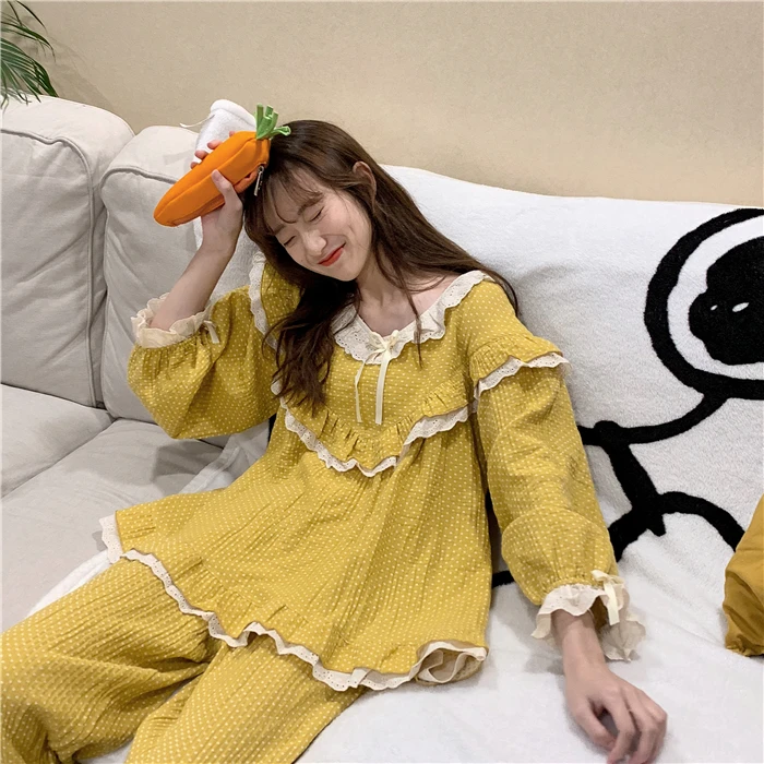 

Harajpee Women Pajamas 2021 Spring Autumn Korea Sweet Temperament Ladies Lace Lapel Long-Sleeved Casual Princess Style Home Wear